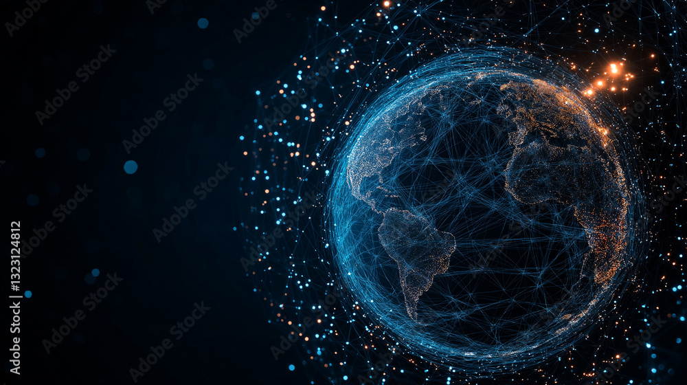 Poster digital world connection: the globe is depicted with a web of interconnected digital threads and par
