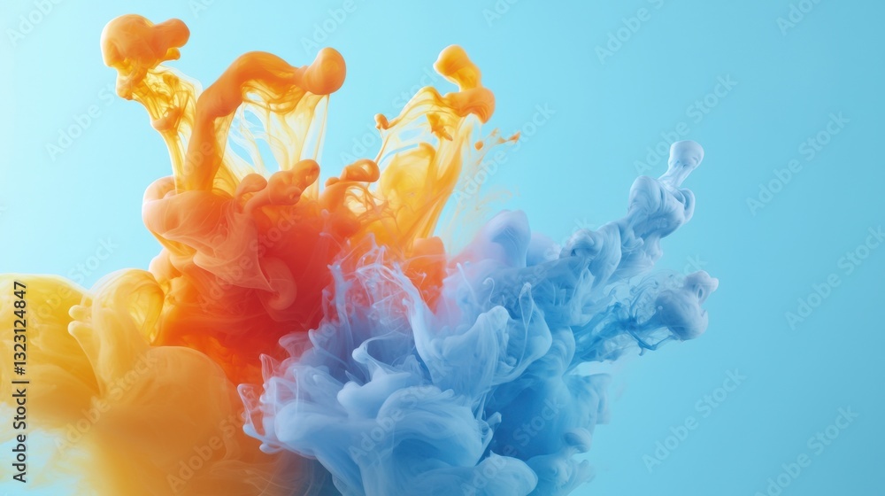 Poster a vibrant display of orange and blue ink swirling together in water, creating an abstract and dynami