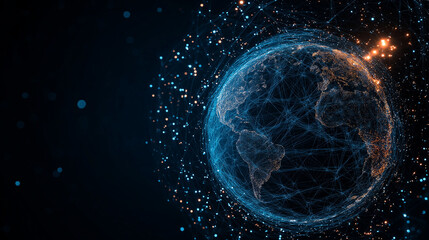 Obraz premium Digital World Connection: The globe is depicted with a web of interconnected digital threads and particles, illustrating the network and communication in a technologically advanced age. 