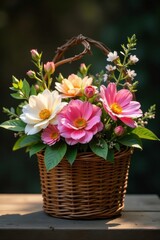 Obraz premium Delicate native blooms in rustic woven basket, spring, rustic