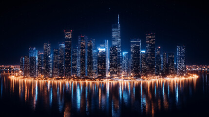 Fototapeta premium Cityscape at Night: Illuminated by the night's embrace, a modern city skyline shimmers with countless lights, reflecting in the tranquil waters below, evoking a sense of awe.
