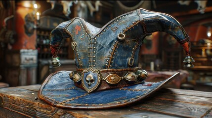 Ornate Jester Hat Adorned with Skull Emblem on Rustic Wooden Surface Antiquated Accessory Still Life