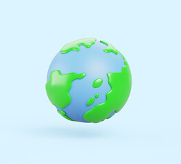 Earth planet cartoon 3d render icon. World, blue planet with oceans, green continents and texture surface. Save planet and ecology concept. Globe model isolated graphic design element. 3D illustration
