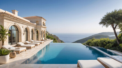 Serene European mansion with a pristine pool and expansive beach view for an exclusive vacation experience Exterior design Wallpaper inspiration
