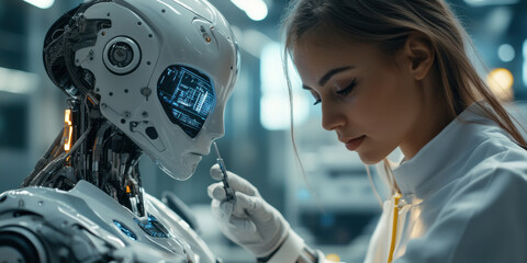 Innovative robot interaction high-tech laboratory digital art futuristic environment close-up view ai development concept