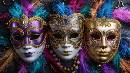 Trio of Intricate Venetian Masks Embellished with Feathers and Beads for a Festive Celebration