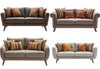 Collection of Four Modern Sofas with Striped and Solid Color Pillows Isolated with Transparent PNG