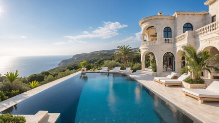 Sophisticated European mansion with clear pool and a magnificent beach view ideal for upscale living Exterior design Wallpaper inspiration