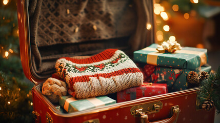 Xmas suitcase reveals a cozy folded ugly sweater alongside colorful gifts. This festive scene captures the spirit of holiday travel, showcasing warmth, joy, and the excitement of gift