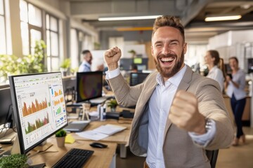 Employee celebrates success in modern office business environment digital data analysis positive vibes urban setting