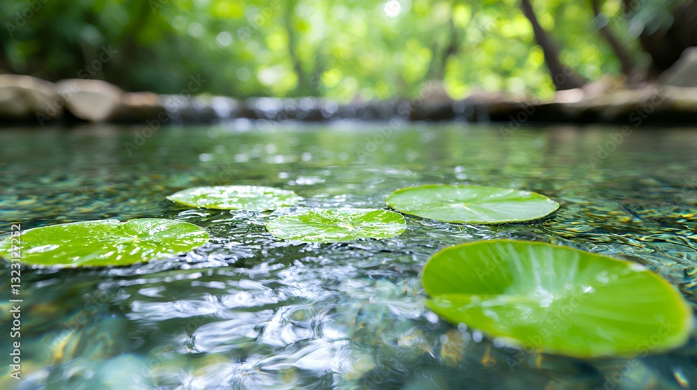 Poster lily pads floating on clear pond water in a forest setting