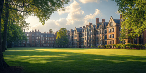 Obraz premium Historic architecture of university campus england landscape photography serene environment wide angle view educational concept