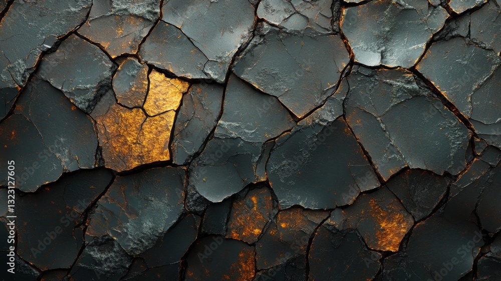Poster in a manufacturing facility, an aged surface shows deep cracks and chips, exposing the underlying ma