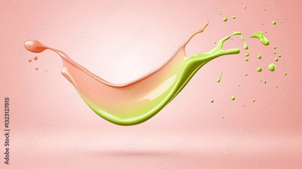 Poster vibrant green liquid splash exploding against a soft pink backdrop, dynamic fluid motion in abstract