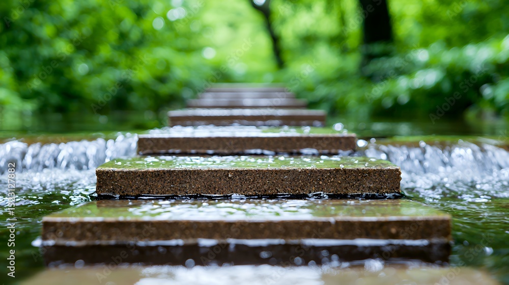 Poster walking path of stone slabs across a flowing stream in nature