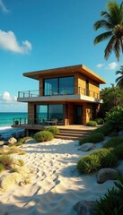 Fototapeta premium Half-built beachfront home, foundation visible, building, shore, coastal home
