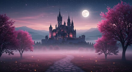 Majestic Castle Illuminated by Moonlight, Unveiling a Night of Dreams, Mystery, and Enchantment