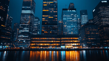 Obraz premium Cityscape at Night: A stunning night view of a modern cityscape, with shimmering lights reflecting on the water, creating a vibrant and dynamic urban scene.