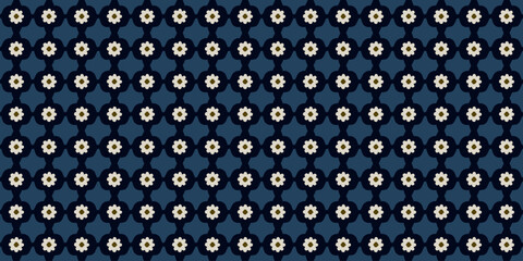 Cute small white flowers pattern doodle shapes motif continuous classic blue background. Modern decoration ditsy floral fabric design textile swatch easy to recolor all over print block.
