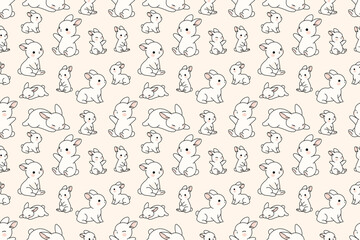 Cute bunny seamless pattern, kawaii rabbit vector repeat for fabric, wallpaper, and packaging
