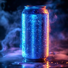 A can of soda is sitting on a table with condensation dripping down the side