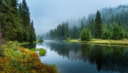 Obraz premium nature forest fir trees in the fog with reflection in the river