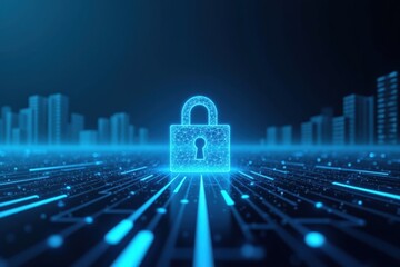 Fototapeta premium A Digital Representation of Cybersecurity: A Futuristic Blue Lock with Binary Code Over a Network of Data Points Surrounded by Urban Skyscrapers