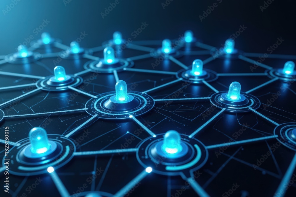 Aufkleber a high-tech network representation featuring glowing blue nodes and lines on a dark background, symb
