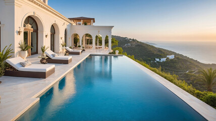 Stylish and luxurious European villa with a crystal clear swimming pool and panoramic beach view in a beautiful setting Exterior design Wallpaper inspiration
