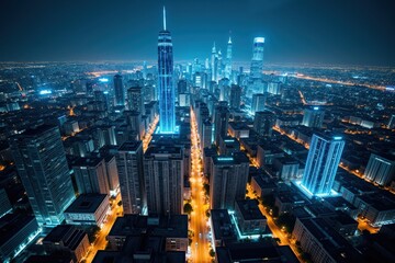 Obraz premium Aerial Night View of a Vibrant Urban Skyline, Showcasing Illuminated Skyscrapers and Streets, Under a Dark Blue Sky, at Dusk in a Metropolis