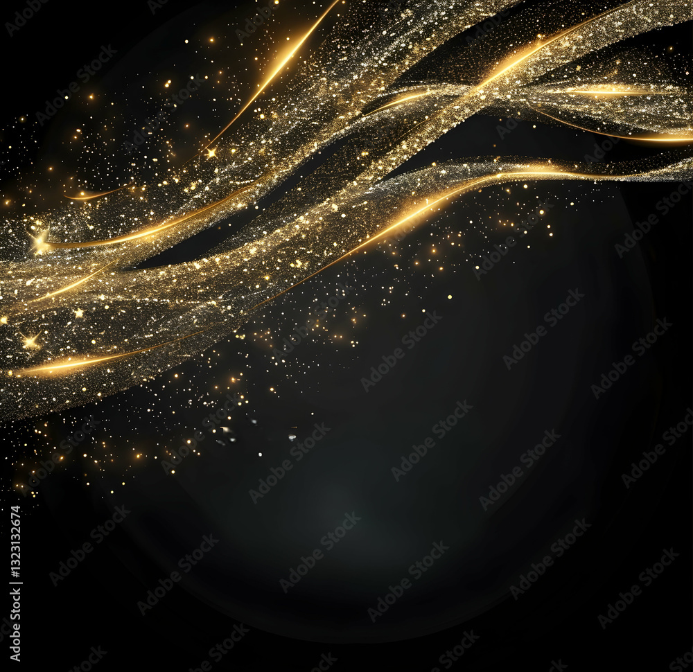 Poster a mesmerizing abstract composition featuring golden flowing ribbons with glowing dust, creating a se