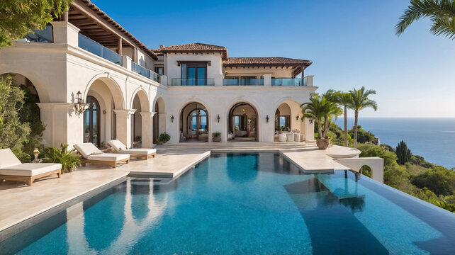 Beautiful exterior of a European villa with an expansive swimming pool and breathtaking beach view for luxury enjoyment Exterior design Wallpaper inspiration