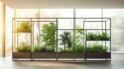 Fototapeta premium Stylish room partition with contemporary metal framework, built-in rectangular planters, and exotic greenery enhancing the space