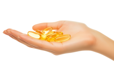 Woman hand holding omega 3 fish oil capsules on transparent background