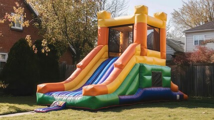 Rainbow inflatable bounce house with slide, perfect for kids' parties and outdoor fun. Adds vibrant color and joyful atmosphere to any event.