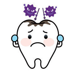 虫歯になってしまった歯のキャラクターと虫歯菌　イラスト