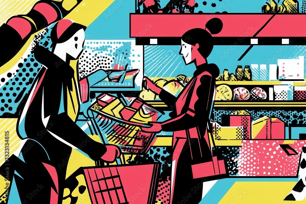 Poster grocery shopping in a virtual world with bold colors and dynamic layouts in a comic book style
