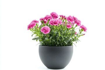 Fototapeta premium Beautiful Dianthus flowers in a stylish dark pot on a white background for floral inspiration