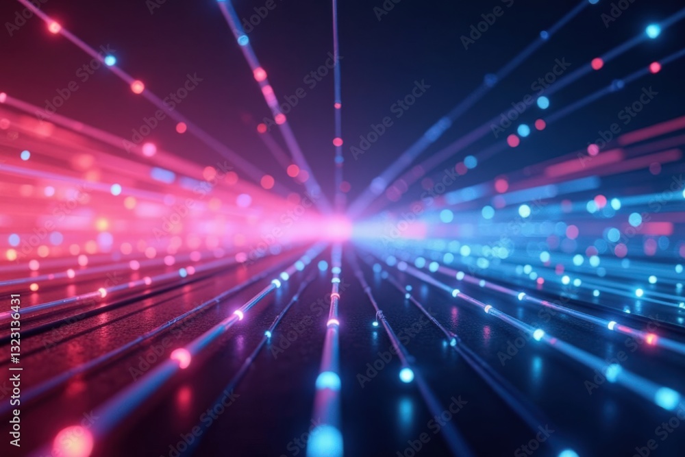 Poster abstract digital data stream with vibrant red and blue light rays radiating from center, symbolizing
