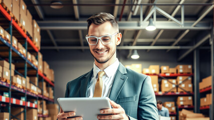 Fototapeta premium A man stands in a warehouse, holding a tablet computer and carefully checking the inventory list for the presence of goods. Generative AI.&nbsp;