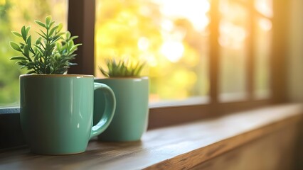 Fototapeta premium Two teal mugs with small plants sit on a wooden windowsill, bathed in soft sunlight, with a natural background outside. Concept Teal Mugs, Small Plants, Wooden Windowsill, Soft Sunlight