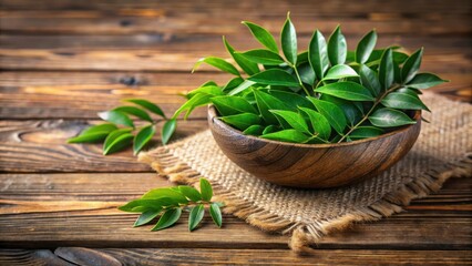 Fresh curry leaves arranged artfully in a coconut bowl on a wooden background, adding a pop of green to the table setting, wooden background, coconut bowl