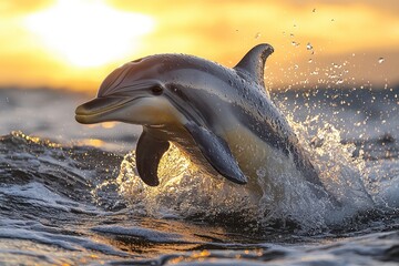 Obraz premium Dolphin Leaping Out of Ocean at Sunset with Water Droplets