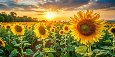 Fototapeta premium Sunflowers standing tall in a lush green field with golden sun rays gently illuminating them on a warm summer day, golden hours, outdoor scenery