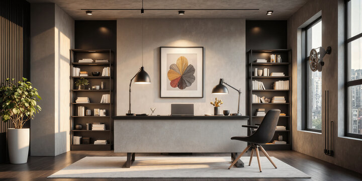 Modern office with a concrete desk, metal shelving units, and artistic pendant lighting. Task lighting focuses on the work area
