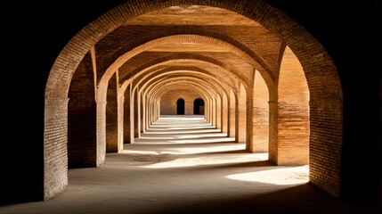 Fototapeta premium Ancient brick tunnel in an archaeological building surrounded by historic ruins and natural elements