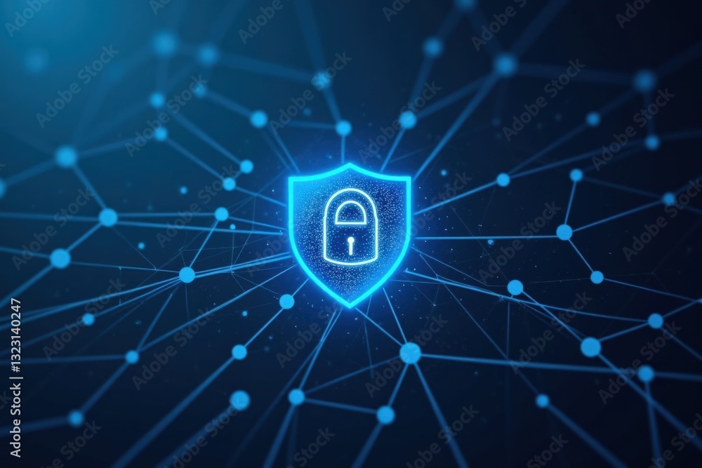 Poster a futuristic digital shield symbolizing cybersecurity, featuring a locked padlock at the center, int