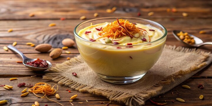 Creamy sweet rabdi in a glass bowl garnished with saffron threads and dry fruits on a wooden table, food on plate , rabri made with pure milk