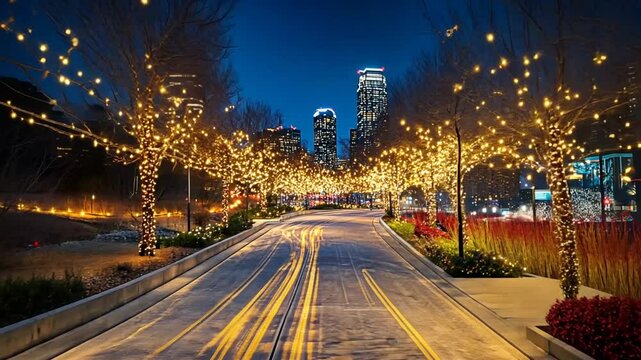 Nighttime urban escapade a stroll through a park illuminated with festive lights and towering architecture