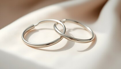 Elegant Silver Hoop Earrings on Cream Silk Fabric with Soft Ambient Lighting